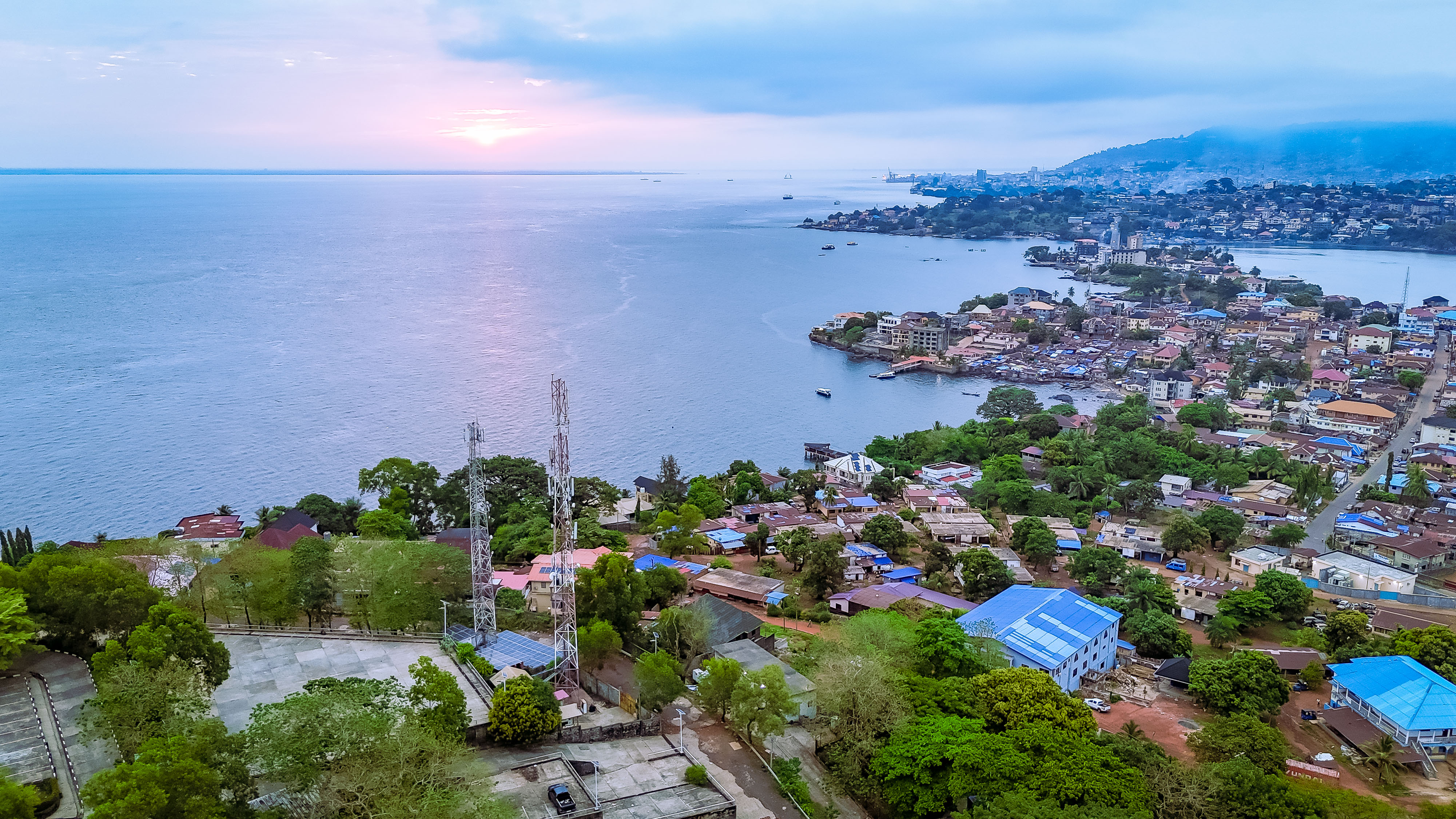 A view of two telecom towers overlooking the bay in Freetown, Sierra Leone